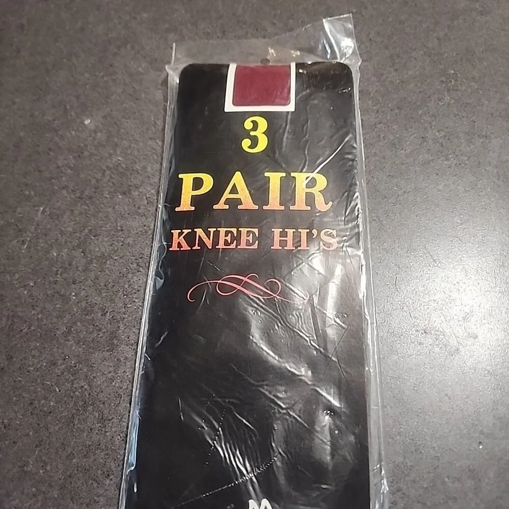Vintage 1980s Knee Hi's 3 Pair Burgundy NEW Marathon USA Nylon